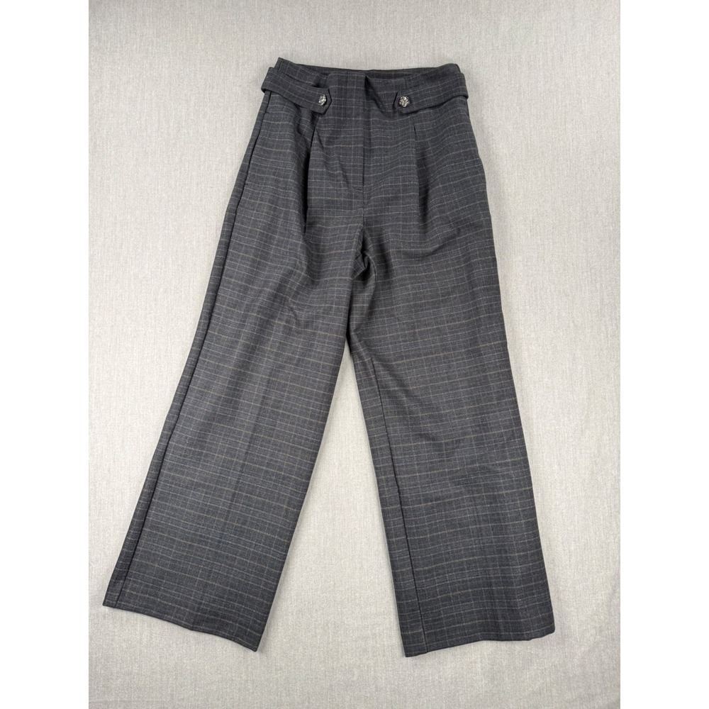 Loft Grey Plaid Wide Leg Trousers Jeweled Button High‎ Rise Pants 8P New